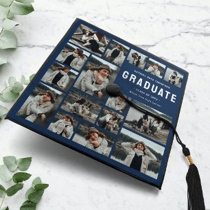 Modern Blue Multi-Photo Graduation Cap Topper