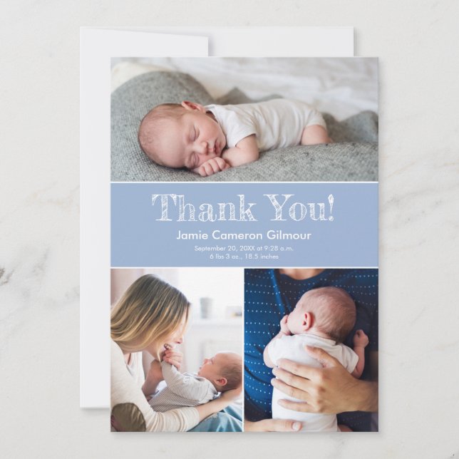 Modern Blue Multiple Photos Baby Boy Shower  Thank You Card (Front)