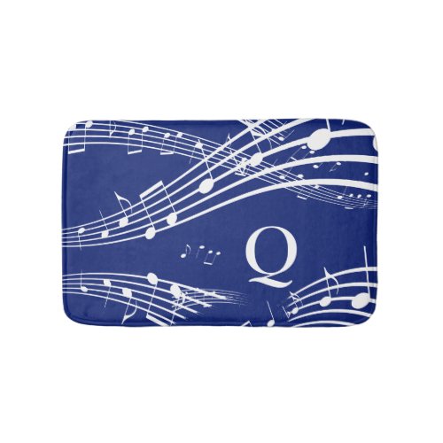 Modern Blue Music Notes Monogram Bath Mat