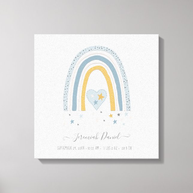 Modern Blue Muted Rainbow Baby Boy Birth Stats Canvas Print (Front)
