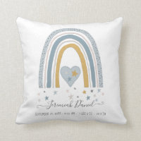 Modern Blue Muted Rainbow Baby Boy Birth Stats Throw Pillow