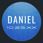 Modern Blue Name Date Mitzvah Birthday Favor Classic Round Sticker<br><div class="desc">Blue faux metal effect name and date sticker with futuristic and modern computer or robot fonts,  perfect for a teen boy birthday party or bar mitzvah invitations or favor label stickers.</div>