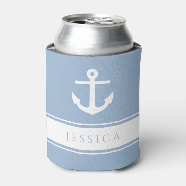 Modern Blue Nautical Anchor Custom Name  Can Cooler (Can Front)