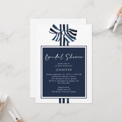 Modern Blue Nautical Stripe Ribbon Bridal Shower Invitation