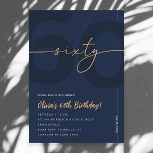 Modern Blue Navy & Gold 60th Birthday Invitation