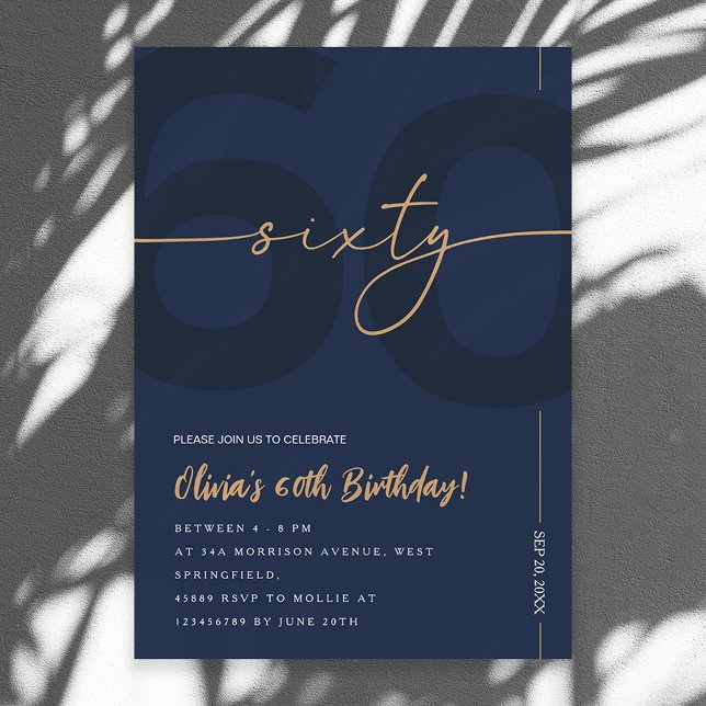 Modern Blue Navy & Gold 60th Birthday Invitation (Creator Uploaded)