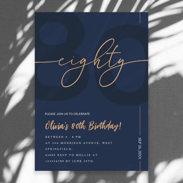 Modern Blue Navy & Gold 80th Birthday Invitation (Creator Uploaded)