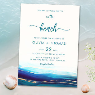 Modern Blue Navy Gold Ocean On the Beach Wedding Invitation
