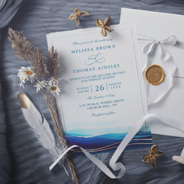 Modern Blue Navy Gold Ocean QR Code Wedding Invitation (Creator Uploaded)
