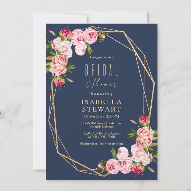 Modern Blue Navy Simple Blush Pink Bridal Shower Invitation (Front)