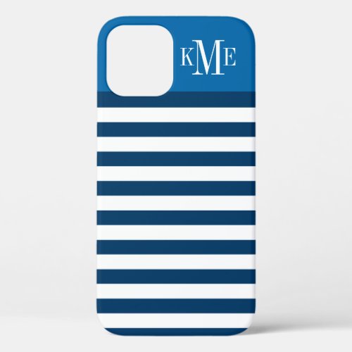 Modern Blue Navy Stripes Custom Monogram iPhone 12 Case