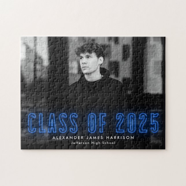 Modern Blue Neon Class of 2025 Graduation Photo Jigsaw Puzzle (Horizontal)