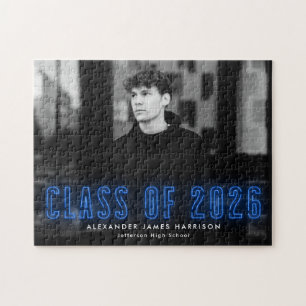 Modern Blue Neon Class of 2026 Graduation Photo Jigsaw Puzzle