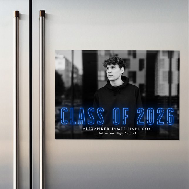 Modern Blue Neon Class of 2026 Photo Graduation Magnetic Invitation (Creator Uploaded)