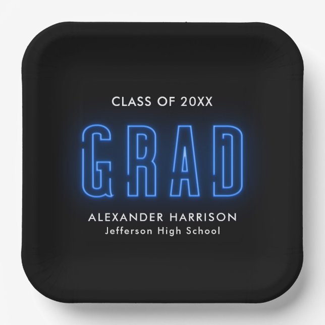 Modern Blue Neon Graduation Paper Plates (Front)