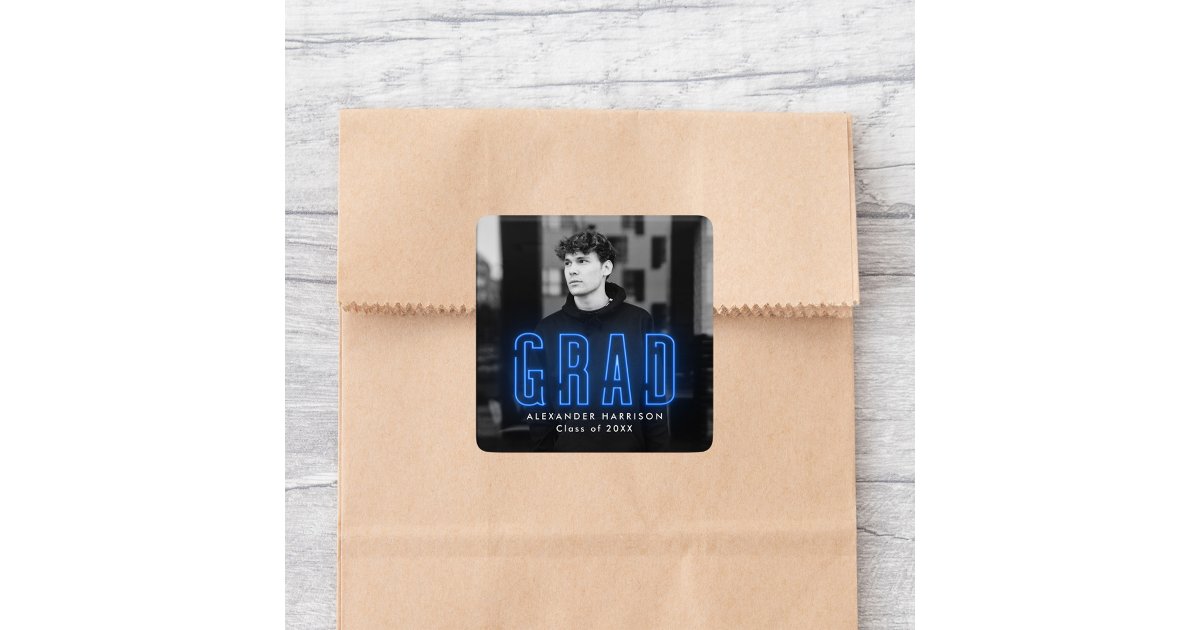 Modern Blue Neon Graduation Square Sticker | Zazzle