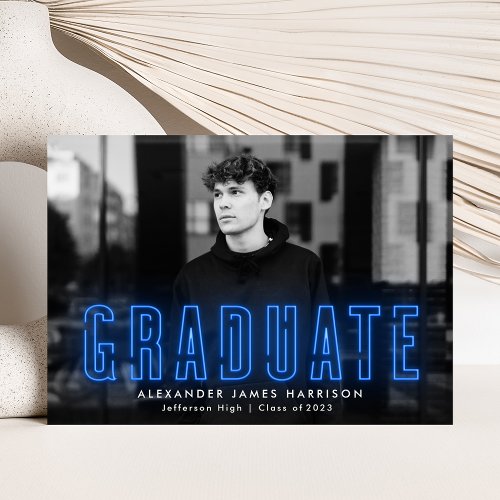 Modern Blue Neon Photo Graduation Announcement