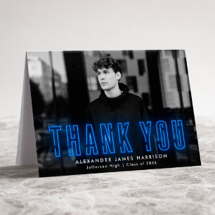 Modern Blue Neon Photo Graduation Letterpress Thank You Card
