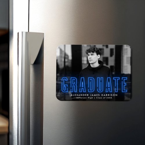 Modern Blue Neon Photo Graduation Magnet