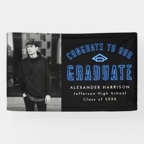 Modern Blue Neon Photo Graduation Party Banner