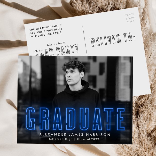 Modern Blue Neon Photo Graduation Party Invitation Postcard (Creator Uploaded)