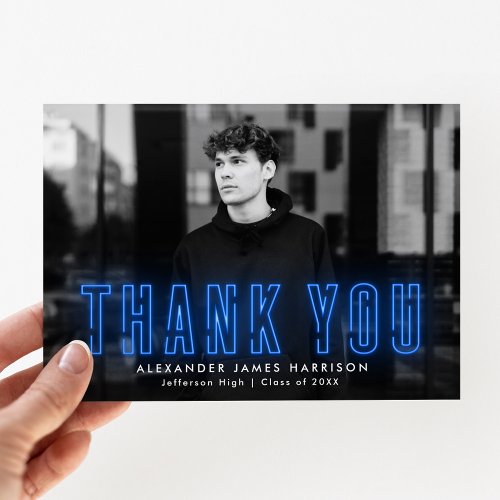 Modern Blue Neon Photo Graduation Thank You Card