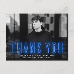 Modern Blue Neon Photo Graduation Thank You Postcard