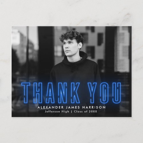 Modern Blue Neon Photo Graduation Thank You Postcard