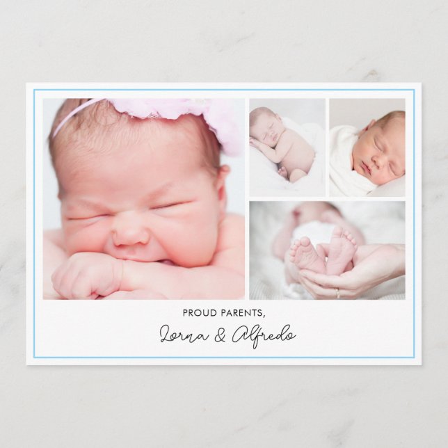 Modern Blue Newborn Baby Photo Collage Birth  Announcement (Back)