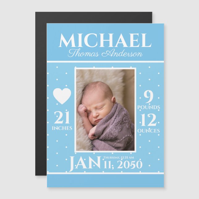 Modern Blue Newborn Stats Baby Birth Announcement (Front/Back)