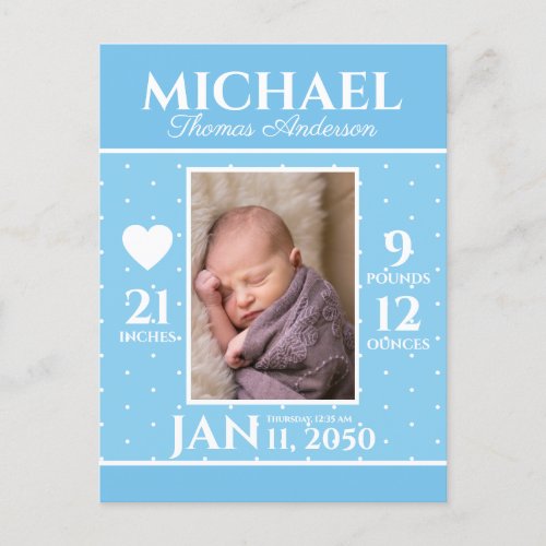 Modern Blue Newborn Stats Birth Announcement Postcard