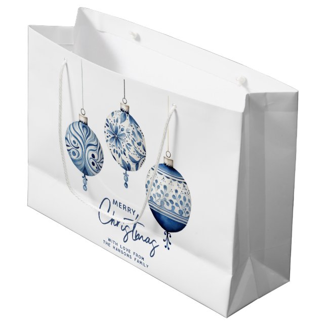 Modern Blue Nordic Style Ornaments Merry Christmas Large Gift Bag (Front Angled)