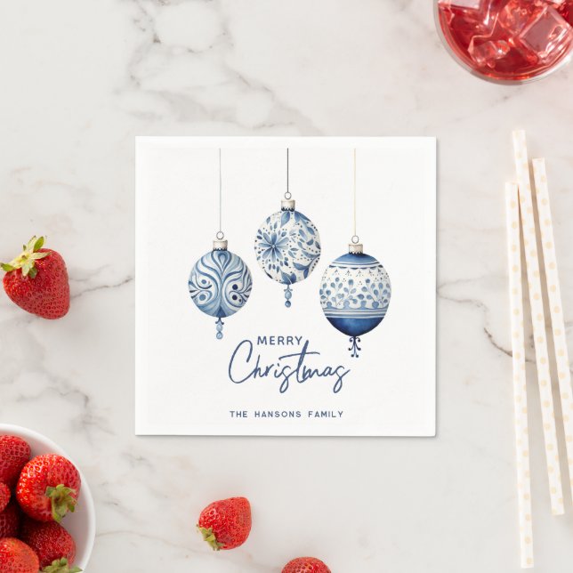 Modern Blue Nordic Style Ornaments Merry Christmas Napkins (Insitu)