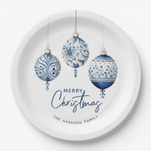 Modern Blue Nordic Style Ornaments Merry Christmas Paper Plates