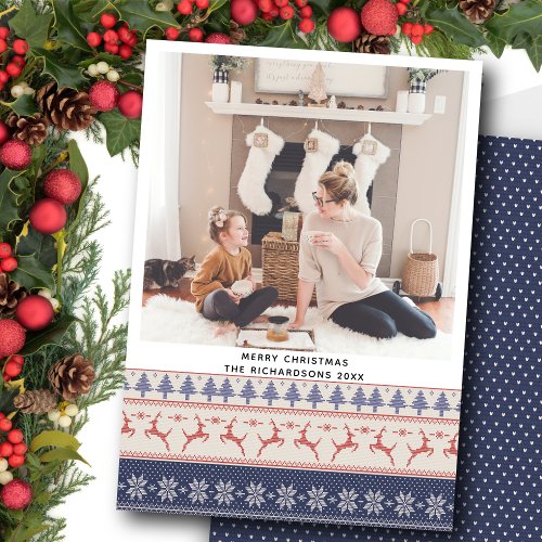 Modern Blue Nordic Sweater Flying Reindeer Pattern Holiday Card