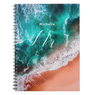 Modern Blue ocean beach Monogram Notebook
