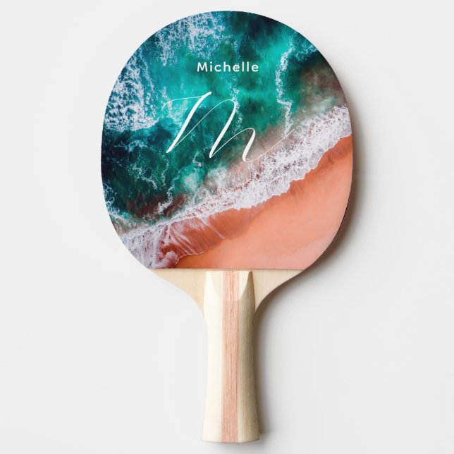 Modern Blue ocean beach monogrammed coastal sea Ping Pong Paddle (Front)