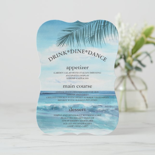 Modern Blue Ocean Beach Wedding Table Menu Cards (Standing Front)