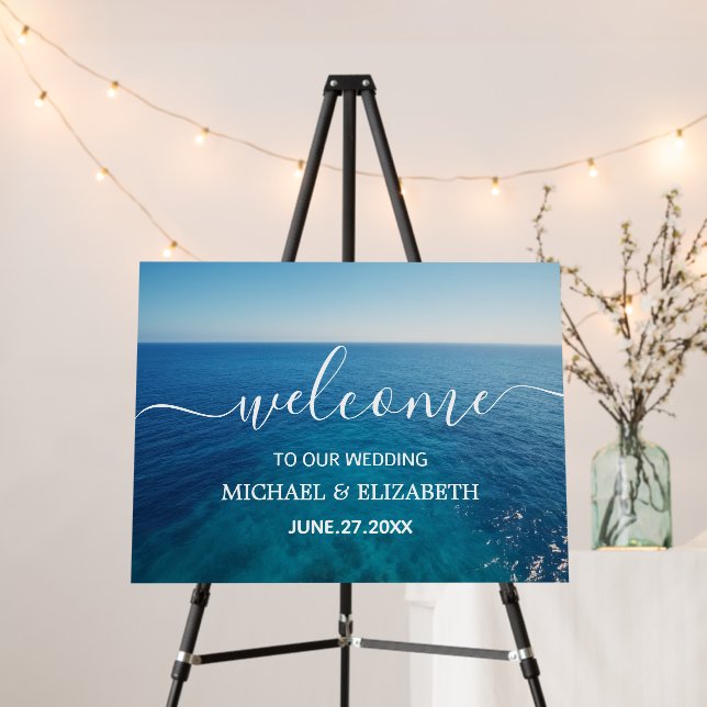Modern Blue Ocean Beach Wedding Welcome Sign       (In Situ (Stand))