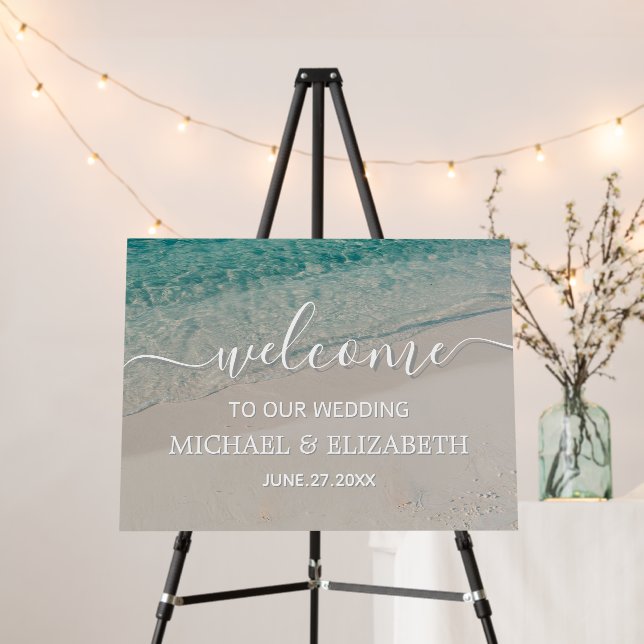 Modern Blue Ocean Sandy Beach Wedding Welcome Sign (In Situ (Stand))