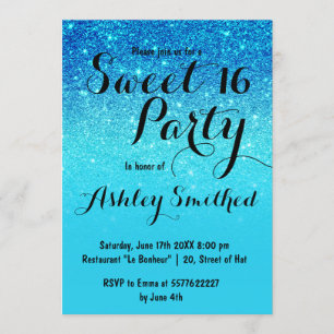 Modern Blue ocean teal glitter ombre Sweet 16 Invitation