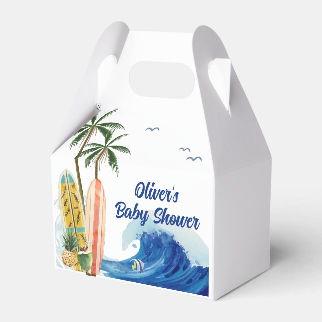Modern Blue Ocean Wave Surfboard Baby Shower  Favor Boxes (Front Side)
