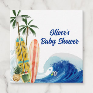 Modern Blue Ocean Wave Surfboard Baby Shower Favor Tags