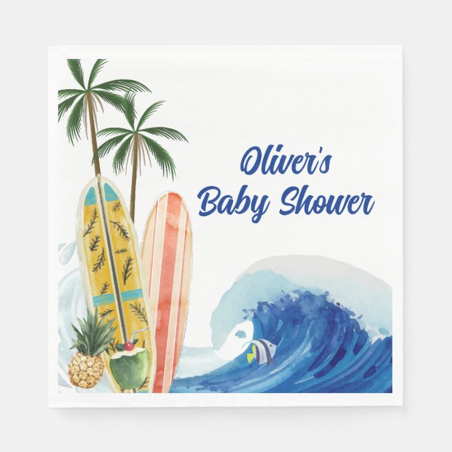 Modern Blue Ocean Wave Surfboard Baby Shower  Napkins (Front)