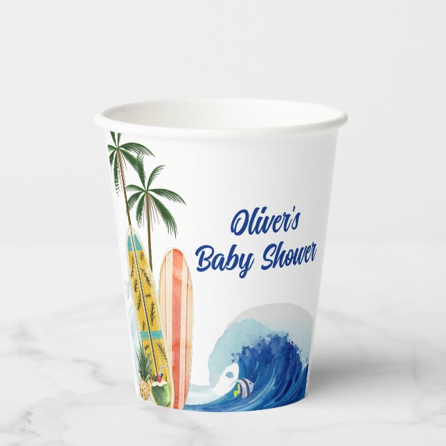 Modern Blue Ocean Wave Surfboard Baby Shower  Paper Cups (Front)