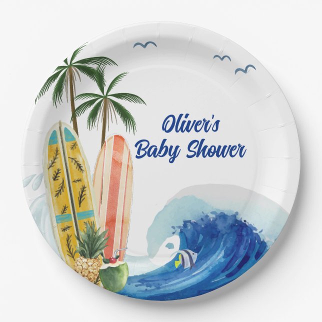 Modern Blue Ocean Wave Surfboard Baby Shower  Paper Plates (Front)