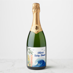 Modern Blue Ocean Wave Surfboard Baby Shower Sparkling Wine Label