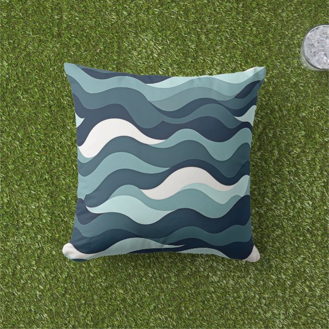 Modern Blue Ocean Waves Coastal Throw Pillow (Grass)