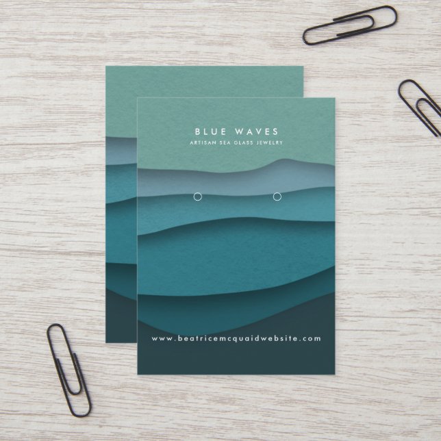 Modern Blue Ocean Waves Earring Display Business Card (Front/Back In Situ)