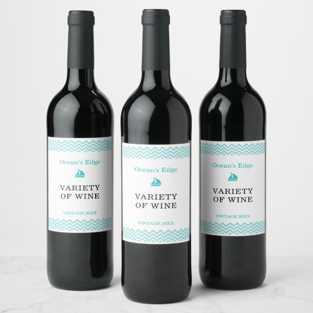 Modern Blue Ocean Waves Wine Label (Bottles)